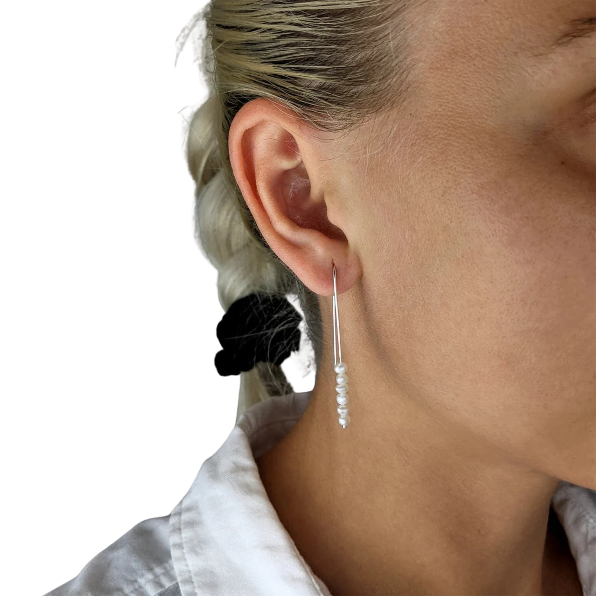 Sterling Silver Pearl Threader Earrings | Long Drop Design